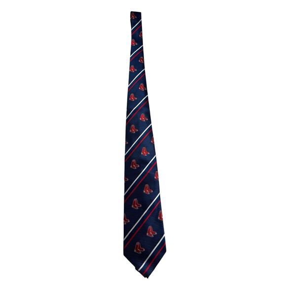 MLB Red Socks 100% Silk Blue White Stripe Tie Boston Baseball Major League MA - Picture 2 of 6